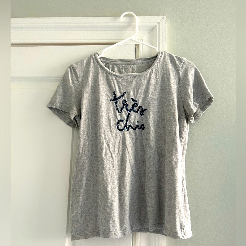 Talbots “Tres Chic” Blue Sequin Embroidered Heather Gray Tee Shirt
